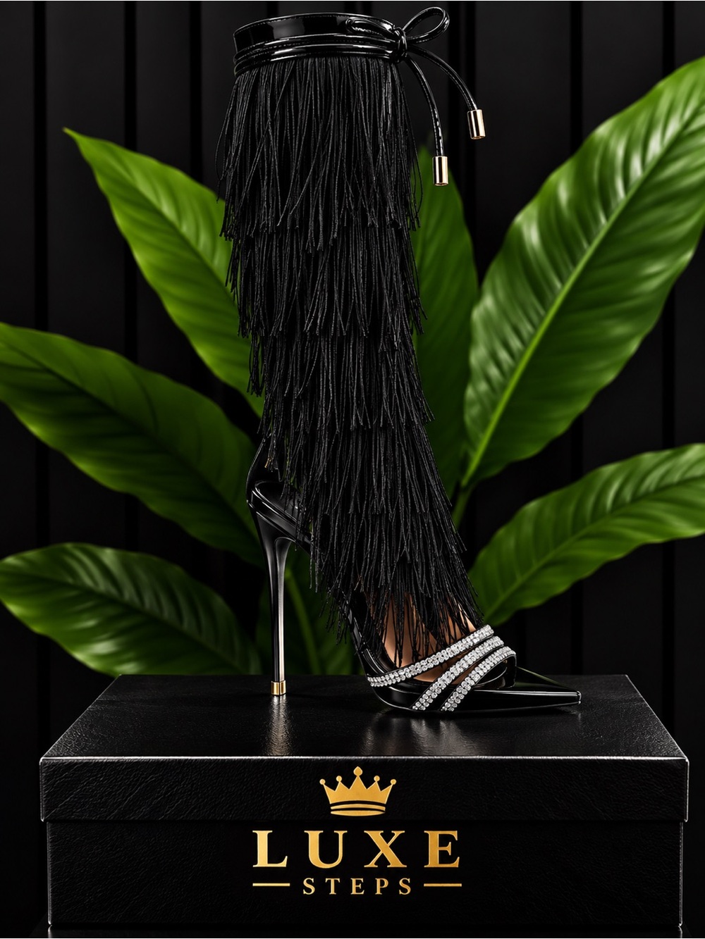 Women's Black Fringe Stiletto Sandal with Crystal Straps